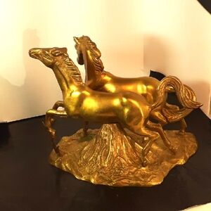 Vtg. Solid Brass Statue Of 2 Horses Running/prancing. 6 1/2" Tall X 10 L